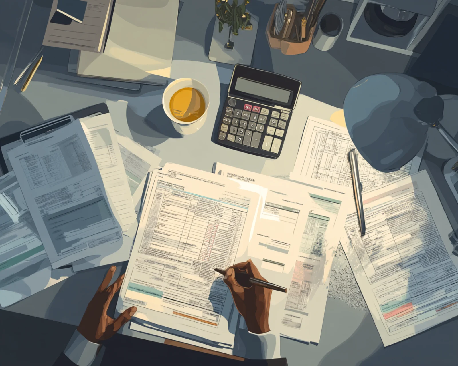 Overhead view of accountant's desk with payroll calculations, RTI submissions and HMRC compliance paperwork